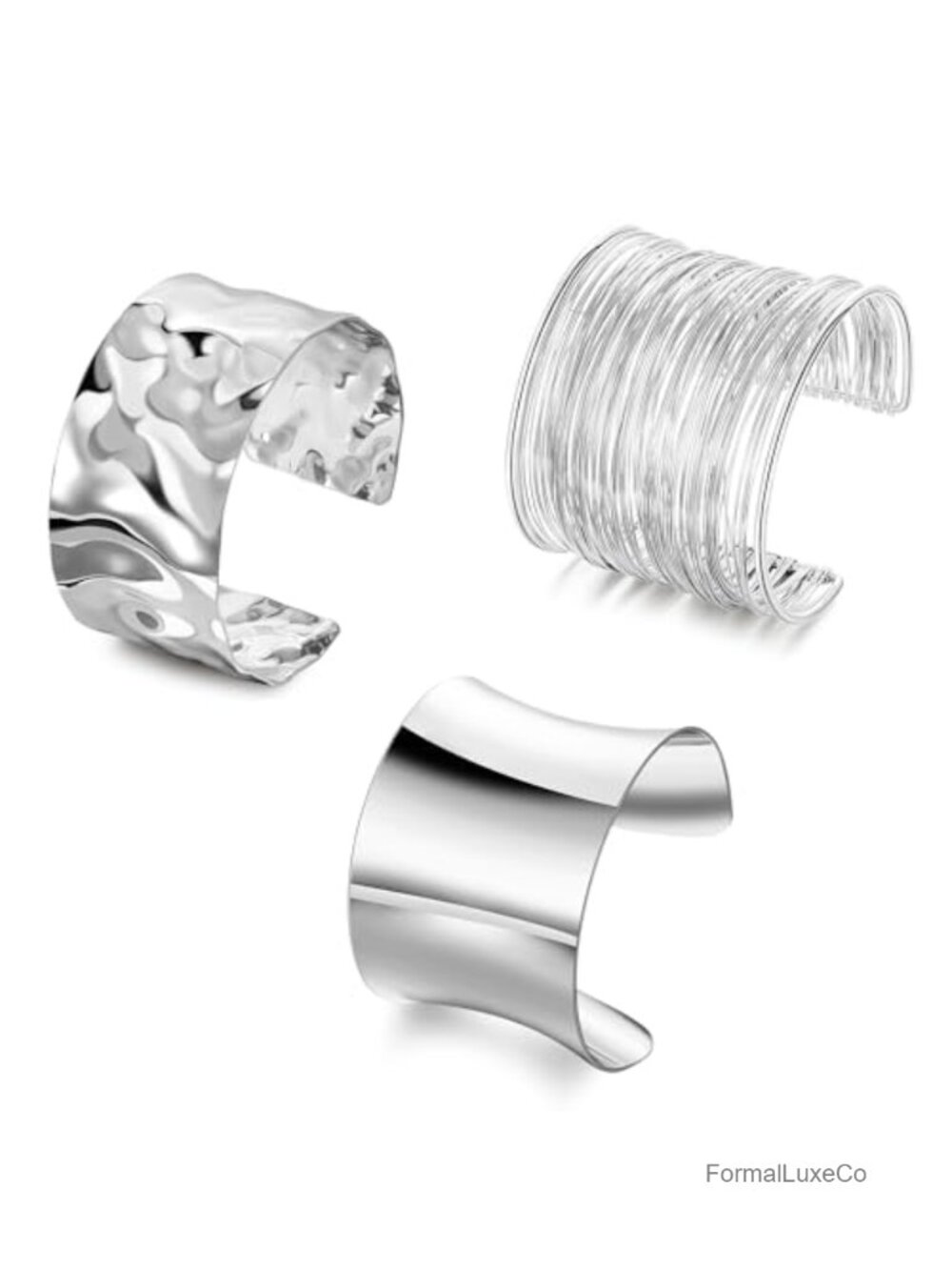 3PCS Chunky Cuff Bracelets Set - Irregular Hammered Statement Bangle - Open